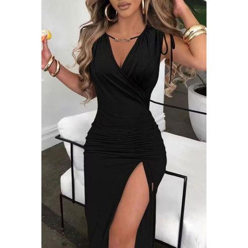 Kadın Sıfır Kollu V Yakalı Yırtmaç Detaylı Beli Büzgülü Omuzdan Bağcıklı Sandy Maxi Elbise