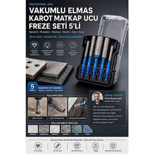 Vakumlu Elmas Karot Matkap Ucu Freze Seti 5’li (1/4" Hex Şaft) Seramik Porselen Mermer Granit Cam Karo Delme Genişletme Panç Uçları 723532
