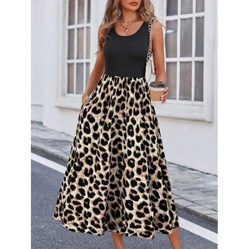 Kadın Askılı Yuvarlak Yaka üst Viskon Alt Leopar Desenli Süprem Uzun Elbise