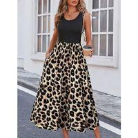 Kadın Askılı Yuvarlak Yaka üst Viskon Alt Leopar Desenli Süprem Uzun Elbise