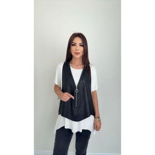 Kadın Kısa Kollu Yuvarlak Yaka Viskon Bluz + Kolsuz Fermuarlı çatlak Deri Yelek