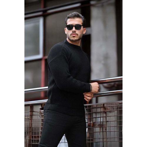 Oversize Selanik Örgülü Bisiklet Yaka Erkek Triko Kazak - Siyah