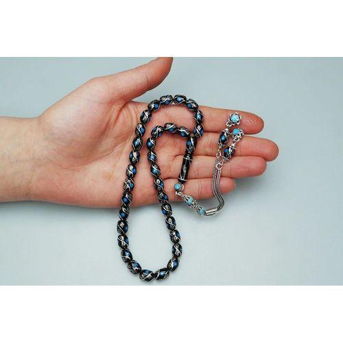 Oltu Taşı Üçlü Çeşmi Mavi İşleme Kapsül Tespih