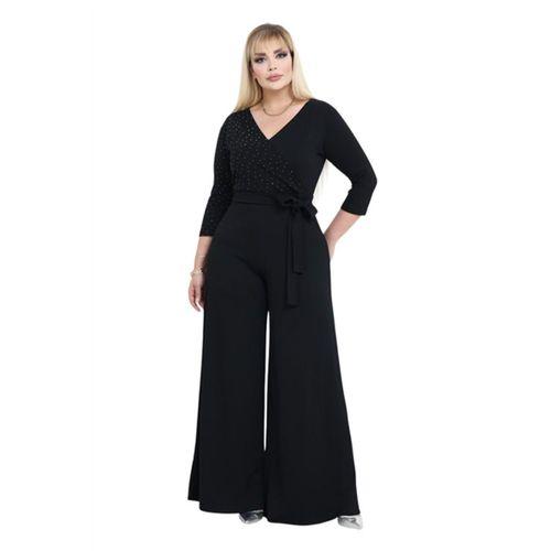 Melsay Butik Modal Kruvaze Yaka Siyah Taş Baskılı Büyük Beden Tulum