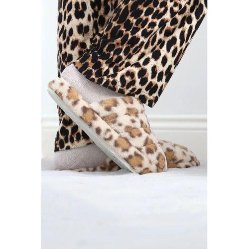 pilelistore Leopar Desenli Peluş Terlik Sütlükahve