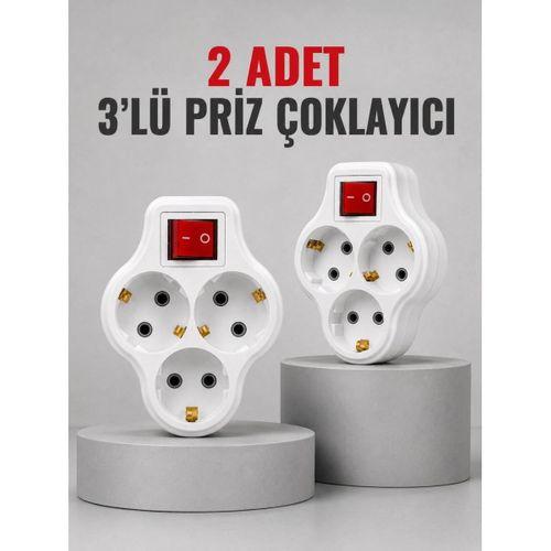 Direkt Duvar Prizine Takılan 3’lü Priz Adaptörü Anahtarlı Priz Çoklayıcı 2 Adet