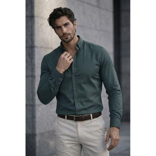 Likralı Regular Fit Nefes Alabilir Klasik Erkek Oxford Gömlek - Çam Yeşili