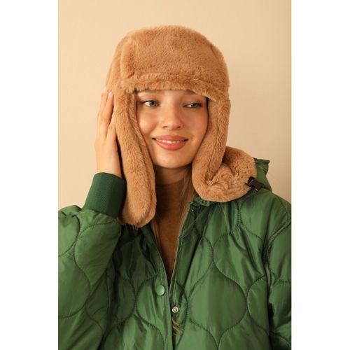 Peluş Kulaklıklı Klipsli Kadın Camel  Pilot Şapka Bere