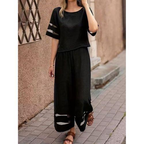 Kadın Kısa Kollu Bisiklet Yakalı Tül şerit Detaylı Bluz Ve Pantolon Ikili Takım