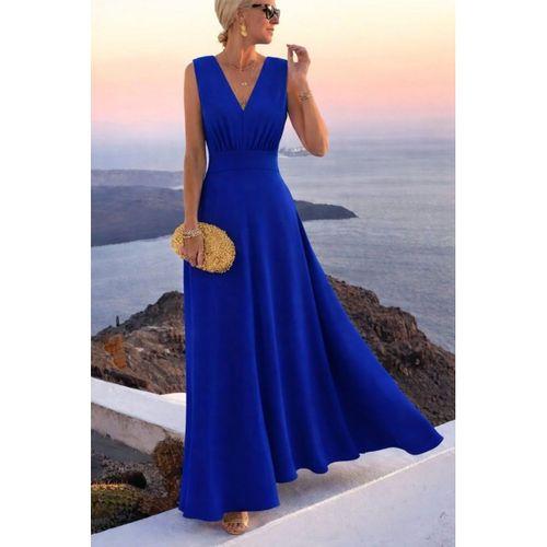 Kadın Askılı V Yakalı Bel Korsaj Detaylı Uzun Ithal Krep Elbise