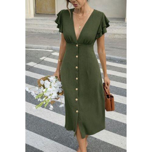 Kadın Kısa Kollu V Yakalı önden Düğmeli Bürümcük Midi Elbise