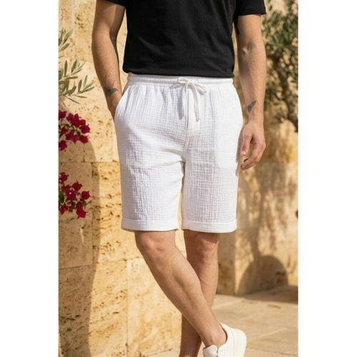 Hafif ve Rahat Duble Paça Müslin Erkek Şort - Beyaz