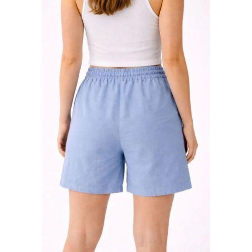 Keten Kumaş Cepli Rahat Kesim Bel Lastikli Şort - Mavi