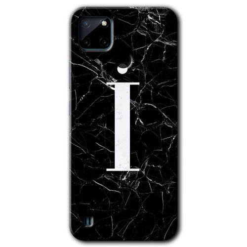 Realme C21 Kılıf HD Desen Baskılı Arka Kapak - Siyah Mermer Desenli İ Harfi + Kırılmaz Cam