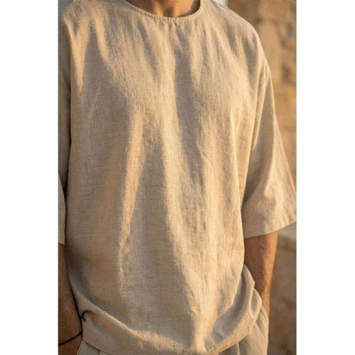 Castiel Bisiklet Yaka Fakir Kol Oversize Kısa Kol T-shirt - Bej