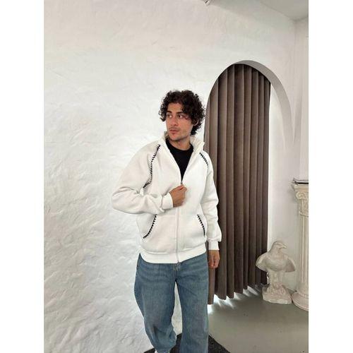 Erkek Oversize Dik Yaka Fermuarlı Sweatshirt - Zincir Nakışli Kanguru Cepli - Beyaz