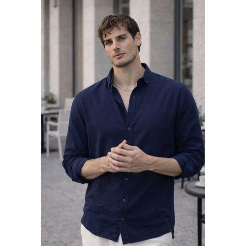 Scott – Soft Dokulu Yarım Oversize Modern Keten Görünümlü Erkek Gömlek- Lacivert