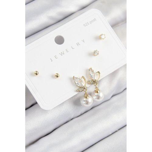 Pirinç Zirkon Taşlı İnci Sallantılı Damla Model Gold Renk 925 Ayar Gümüş Çivi Kadın Küpe Set
