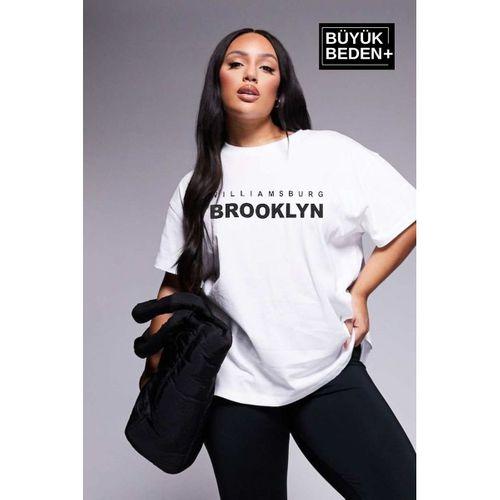 Kadın Büyük Beden Willams.Brooklyn Baskılı Bisiklet Yaka Tshırt SPR25BTSK15