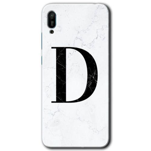 MRCİLETİSİM Huawei Y6 2019 Kılıf HD Desen Baskılı Arka Kapak + Temperli Cam - Beyaz Mermer Desenli D Harfi