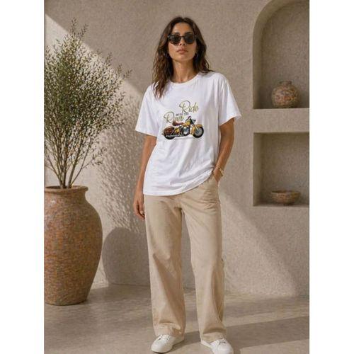 Motosiklet Baskılı Tişört Bisiklet Yaka Kısa Kol Yazlık T-Shirt - Beyaz