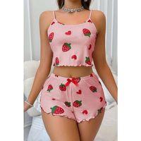 Çilek Desenli Crop Askılı Şort Yazlık Pijama Takımı Ryl - S-49