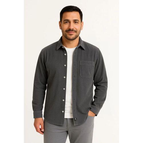 Erkek Fitilli Kadife Cepli Gömlek Oversize Rahat Kalıp - Füme