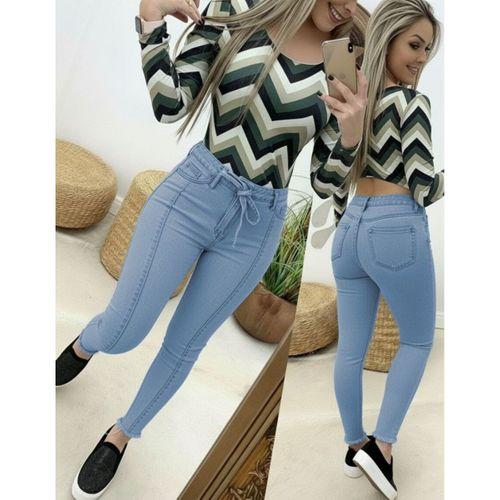 Kadın Yüksek Bel Belden Kuşaklı Yırtık Detaylı Kot Pantolon