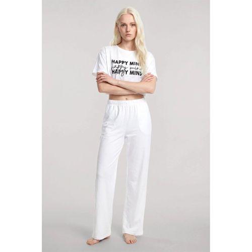Kadın Beyaz Baskılı Crop T-shirt Pantolon Takım Rahat Günlük Kombin 2’li Set
