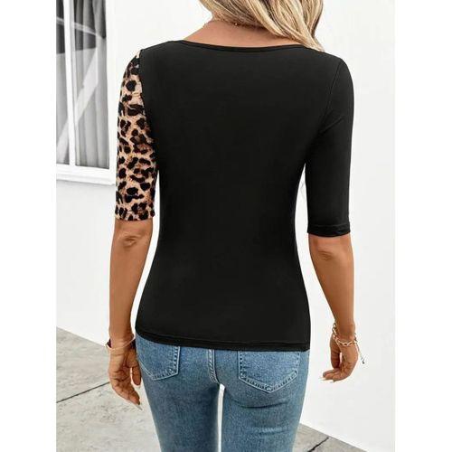 Kadın Kısa Kollu Asimetrik Kesim V Detaylı Leopar Desenli Viskon Bluz