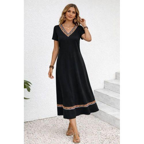 Kadın Kısa Kollu V Yakalı Etnik şerit Detaylı Uzun Viskon