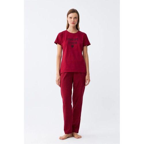 Kadın Bordo Kalp Desenli Kısa Kollu Penye Pijama Takımı