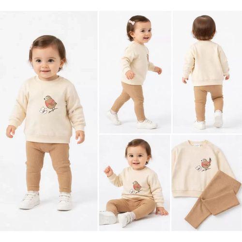 6/24 Ay Kuş Baskılı Taytlı Penye Bebek Takımı