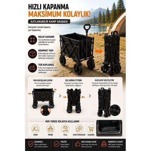 Katlanır Kamp Arabası 130 Kg Kapasiteli Üst Tablalı Kalın Tekerlekli Çok Amaçlı Taşıma Arabası