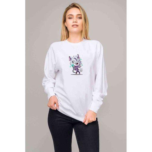 Kiss Cat Technology Baskılı Beyaz Kadın Sweatshirt