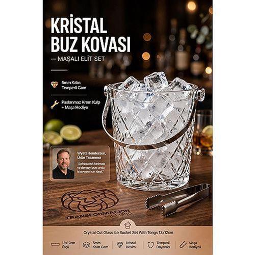 Kristal Kesim Cam Buz Kovası Maşalı Set 13x12cm 5mm Kalın Tabanlı Elit Sunum Kovası 723482