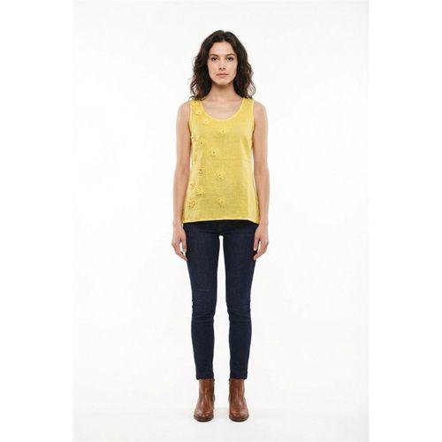 Kolsuz Devin Papatya Desenli Yazlık Poplin Bluz Sarı Sarı