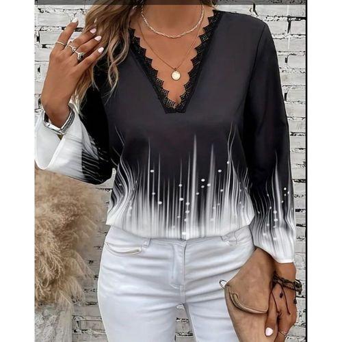Kadın Uzun Kollu V Dantel Yaka Desenli Modal Bluz