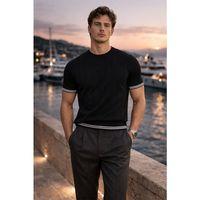 Dale Kolları Şeritli Bisiklet Yaka İnce Triko Örme Regular Fit Erkek T-Shirt - Siyah