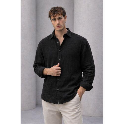 Nefes Alabilir Yarım Oversize Müslin Kumaş Uzun Kol Yakalı Erkek Gömlek - Siyah