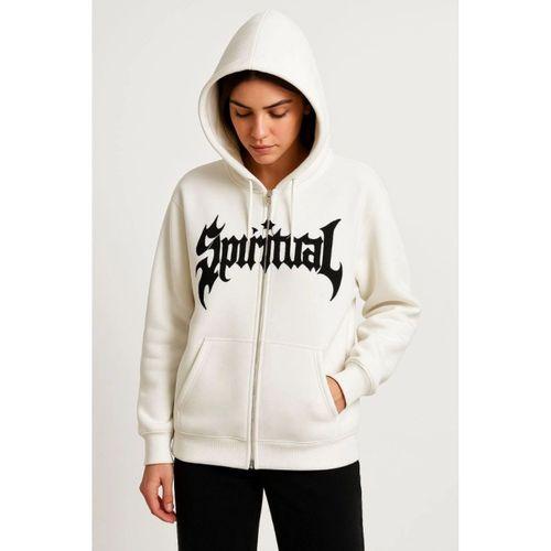 Oversize Kapüşonlu Sweatshirt Hoodie 3 İplik Şardonlu Pamuklu Kumaş, Önü Baskılı, Fermuarlı Rahat Kalıp, Kışlık Ve Sokak Stili Sweat - Beyaz