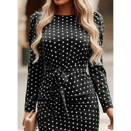 Kadın Uzun Kollu Yuvarlak Yaka Belden Kuşaklı önden Yırtmaçlı örme Krep Elbise