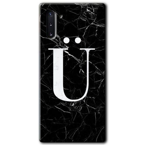 Galaxy Note 10 Kılıf HD Desen Baskılı Arka Kapak - Siyah Mermer Desenli Ü Harfi + Kırılmaz Cam