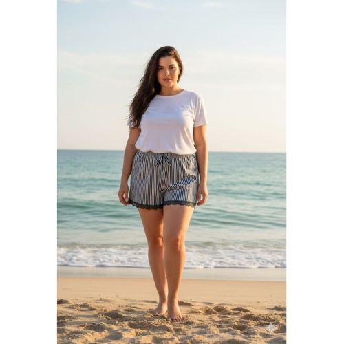 Çizgili Penye Kadın Ev Şortu Bacak Dantel Detaylı Ev Giyim Siyah