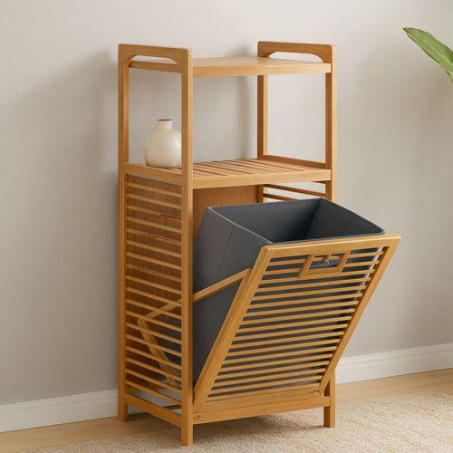 2 Katlı Bambu Çamaşır Sepeti Önden Çek-Aç Organizer 40x35x95 cm