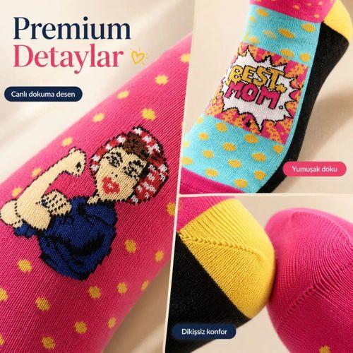 Best Mom Kadın Çorabı 36-40 Pamuklu Dikişsiz Burun Pop Art Desenli Renkli Soket Hediyelik Çorap
