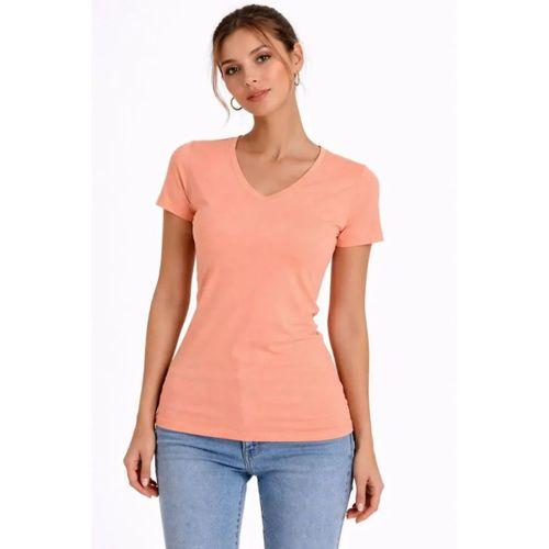 T-Shirt V Yaka Slim Fit Likralı Tişört Günlük Basic Body - Toz Pembe