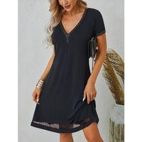 Kadın Kısa Kollu Eteği Tül şeritli Taş Işlemeli V Yaka Viskon Elbise