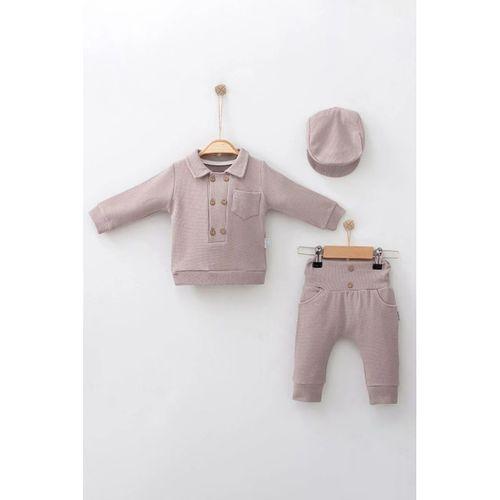 Düğmeli Lüx % 100 Pamuk Şapkalı 3'lü Erkek Bebek Takım