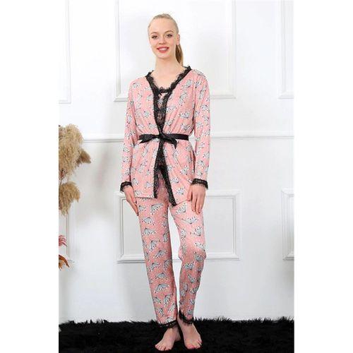 Kadın 3'lü Somon Sabahlık Pijama Takım